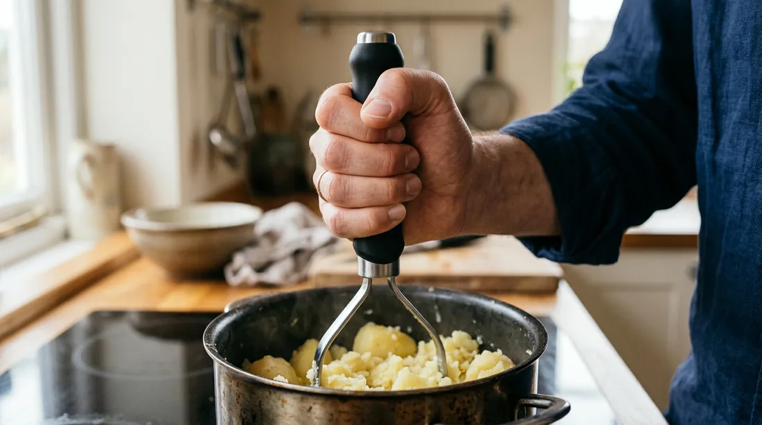 Hand umfasst den dicken Griff eines Kartoffelstampfers über einem Topf