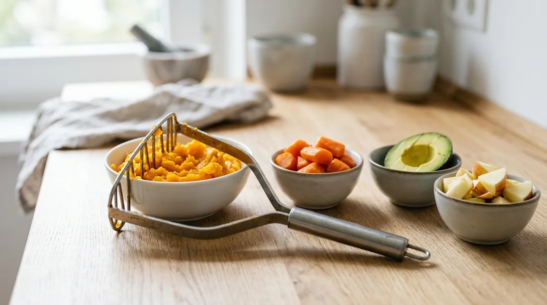 Bügelstampfer an einer Schüssel mit zerdrücktem Kürbis, daneben Schalen mit gekochten Möhrenstücken, einer halbierten Avocado und Apfelstücken